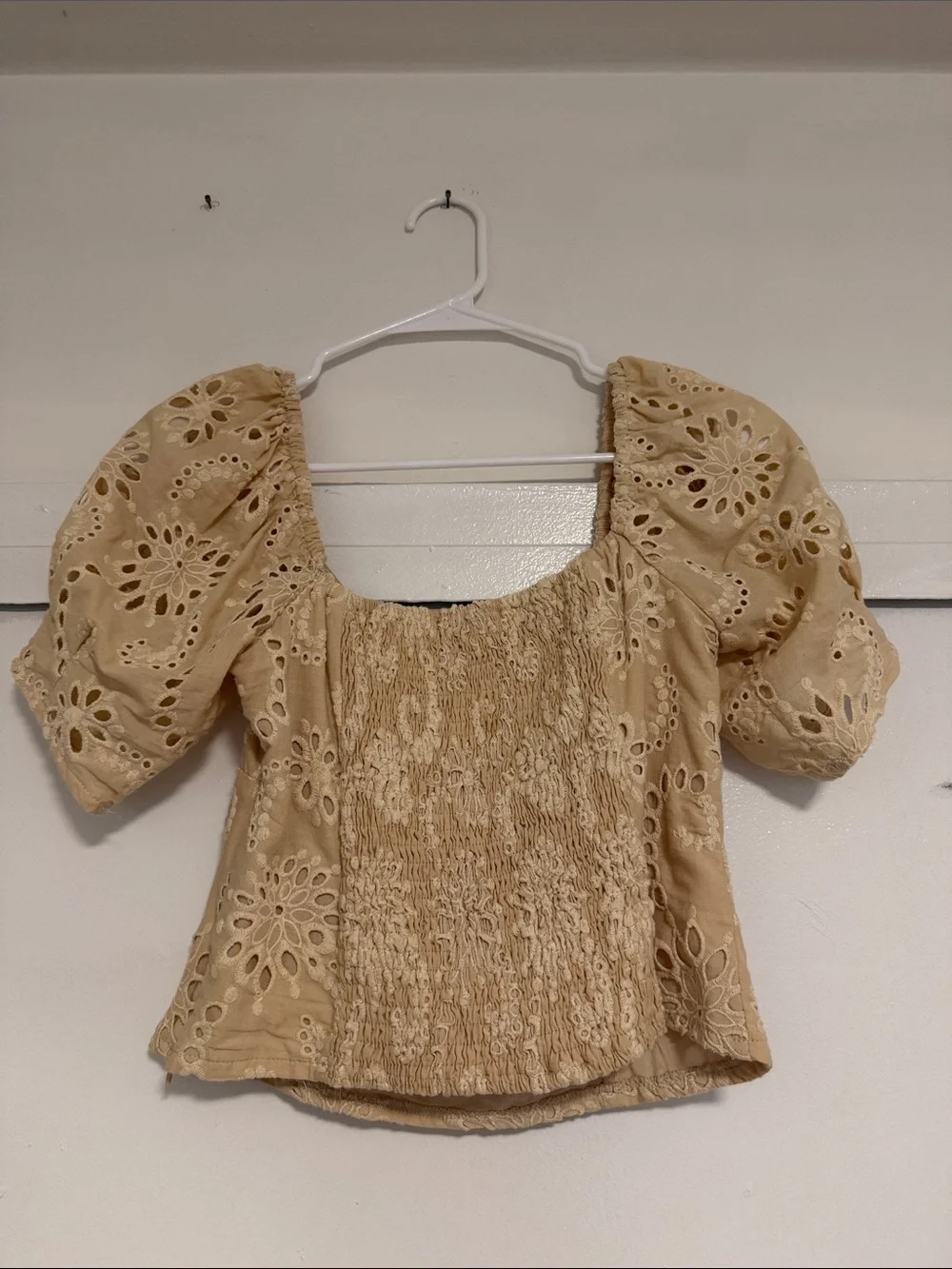 Astr Beige Eyelet Puff-Sleeve Square Neck Top